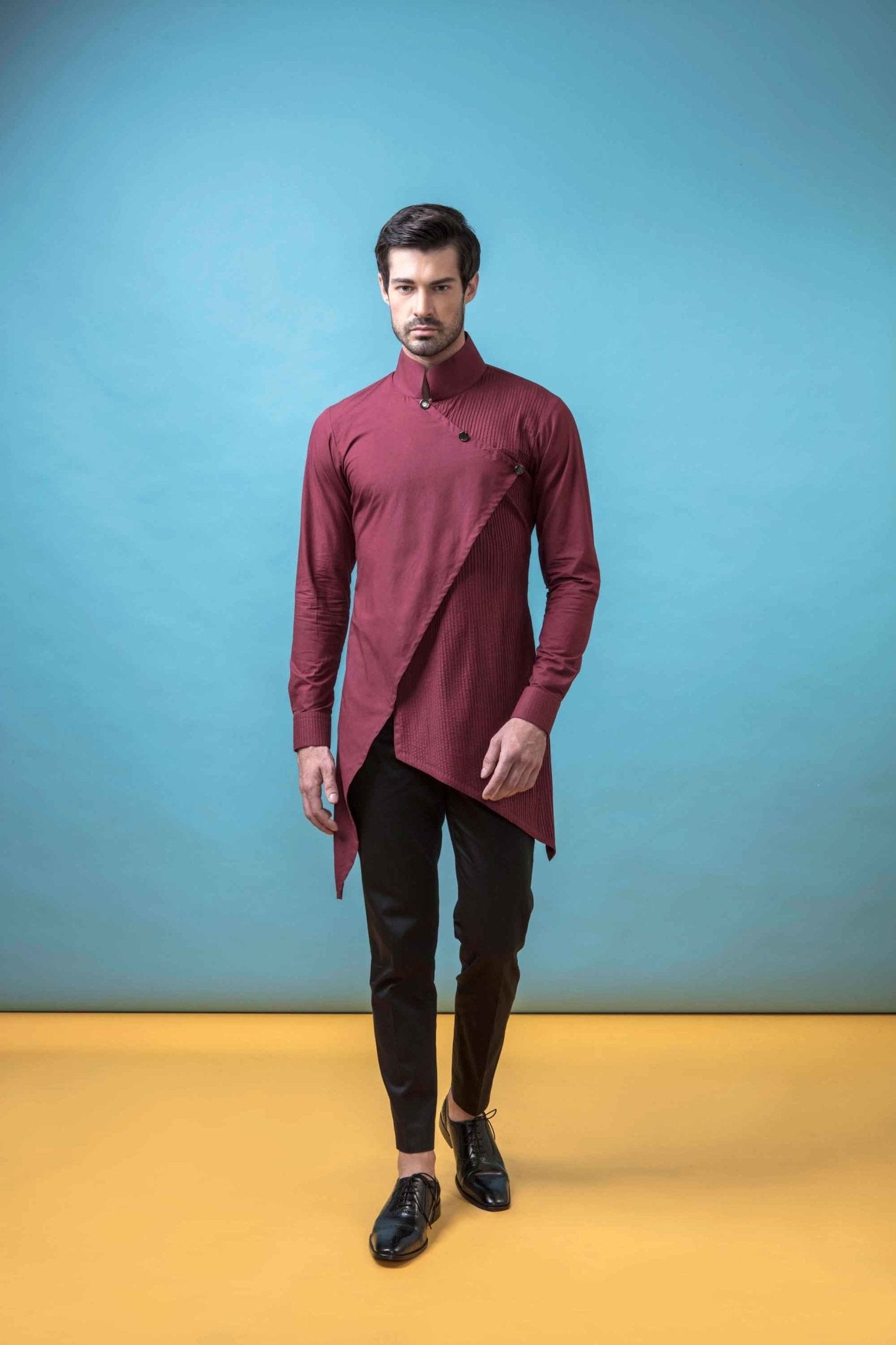 BURGUNDY ANGRAKHA SHORT KURTA - Arjun Kilachand