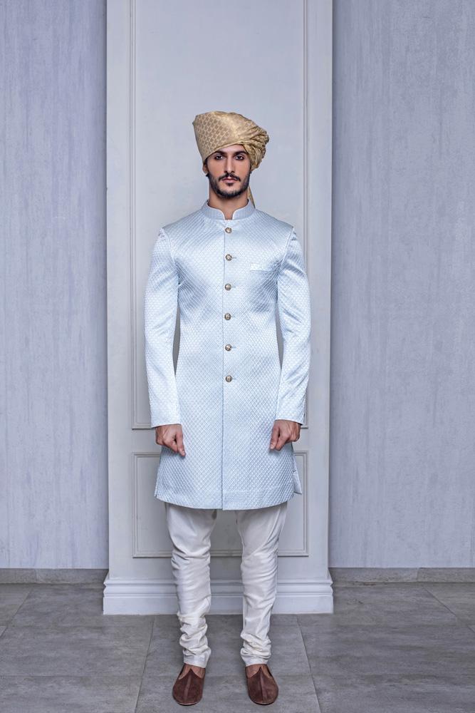 FROZEN BLUE QUILTED SHERWANI - Arjun Kilachand