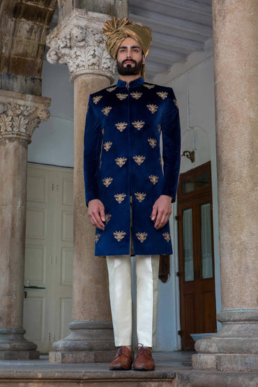 INDIGO HAND EMBROIDERED MOTIF SHERWANI - Arjun Kilachand