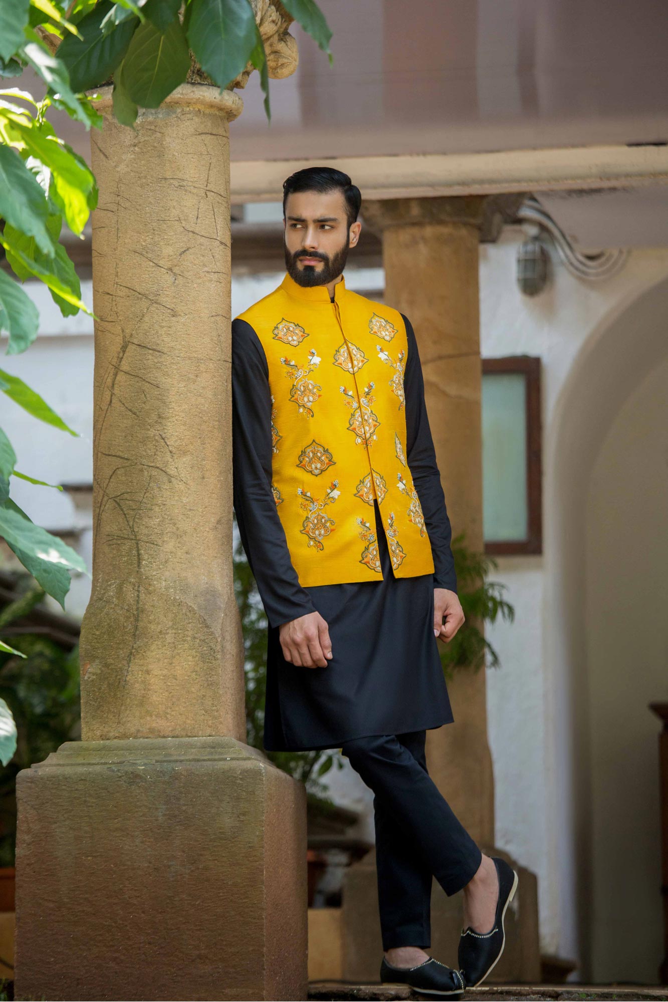 MUSTARD YELLOW HAND EMBROIDERED BUNDI - Arjun Kilachand