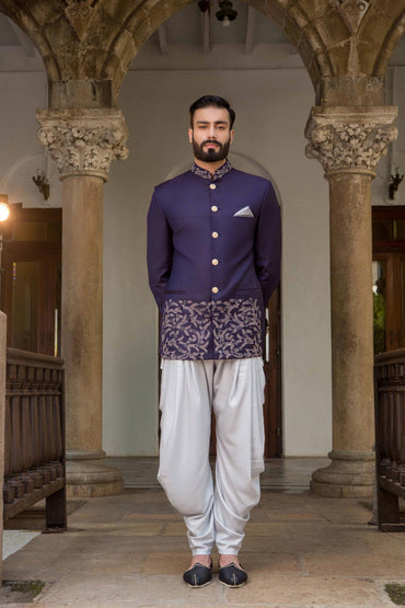 PLUM HAND EMBROIDERED BANDGALA JACKET - Arjun Kilachand