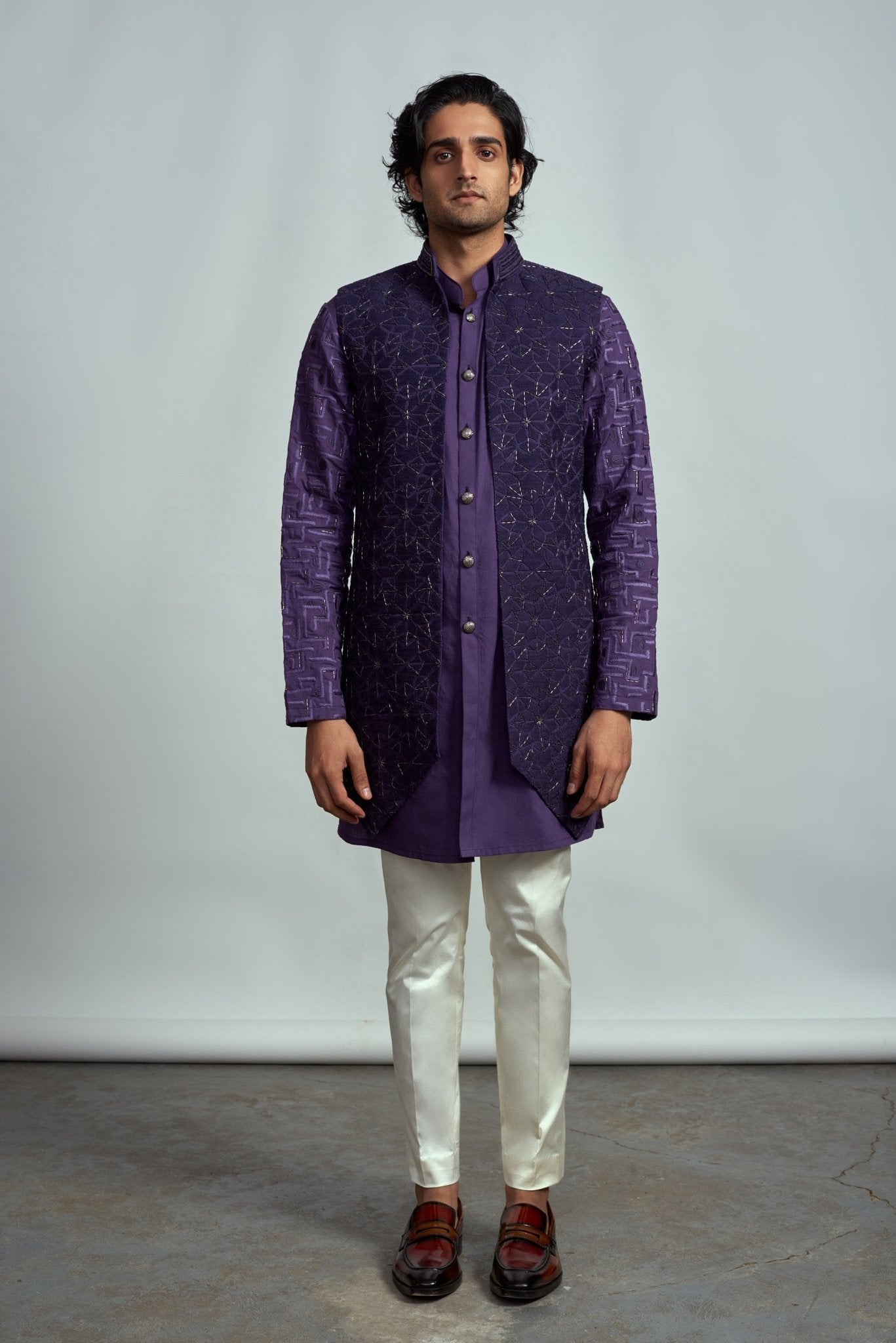 PURPLE OPEN LONG DECONSTRUCTED BUNDI SET - Arjun Kilachand