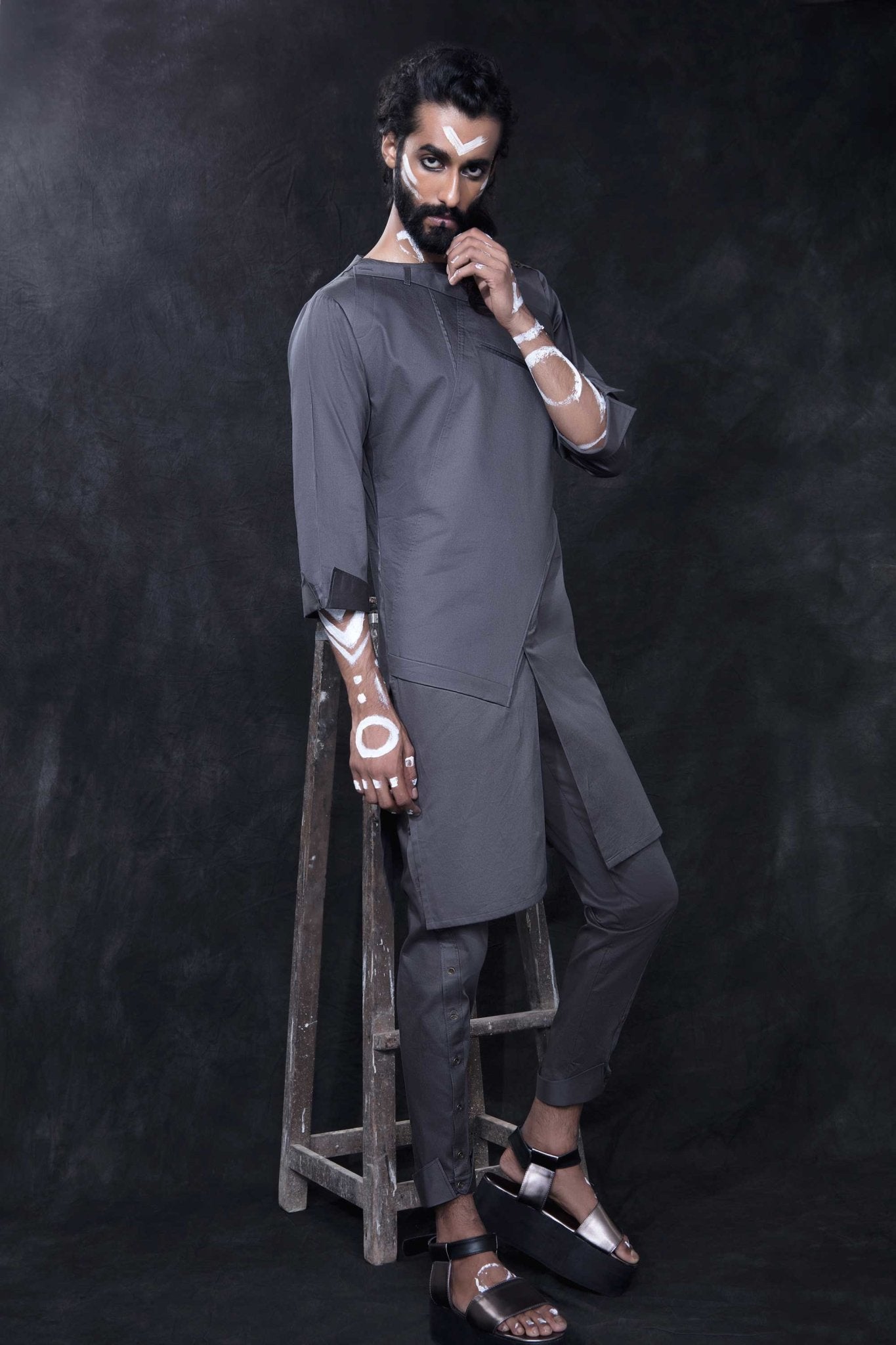 SLATE GREY OPEN PLACKET KURTA - Arjun Kilachand